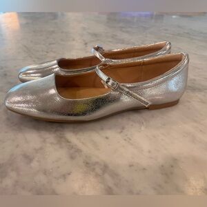 NWT: Women’s, size 7,  Silver Mary Jane Flats with Buckle Strap